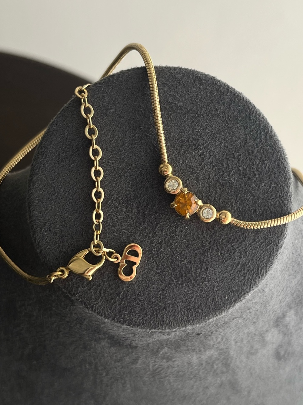 Authentic Vintage Dior Orange Glass Stone Crystal Citrine Gold Chain Necklace
